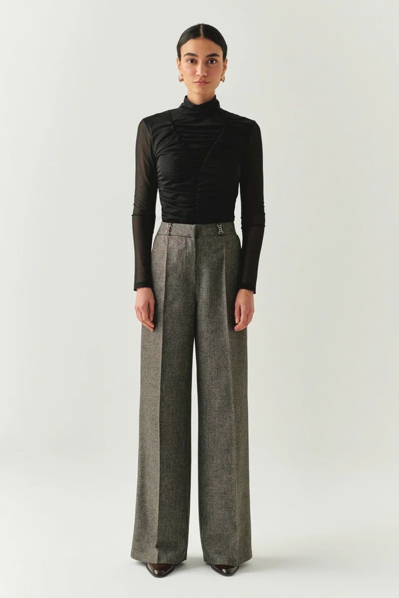 EXQUISE Herringbone Pattern High Waist Wide Leg Pocketed Regular Woven Smoke Pants