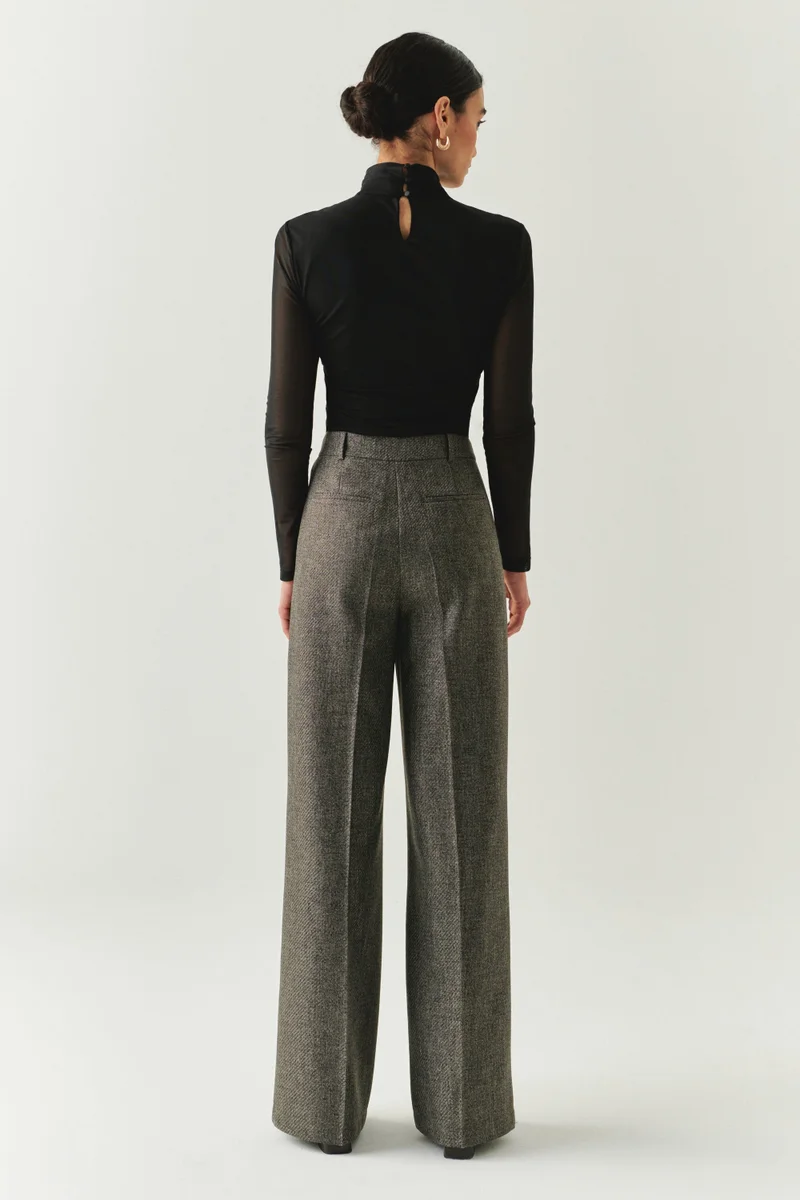 EXQUISE Herringbone Pattern High Waist Wide Leg Pocketed Regular Woven Smoke Pants