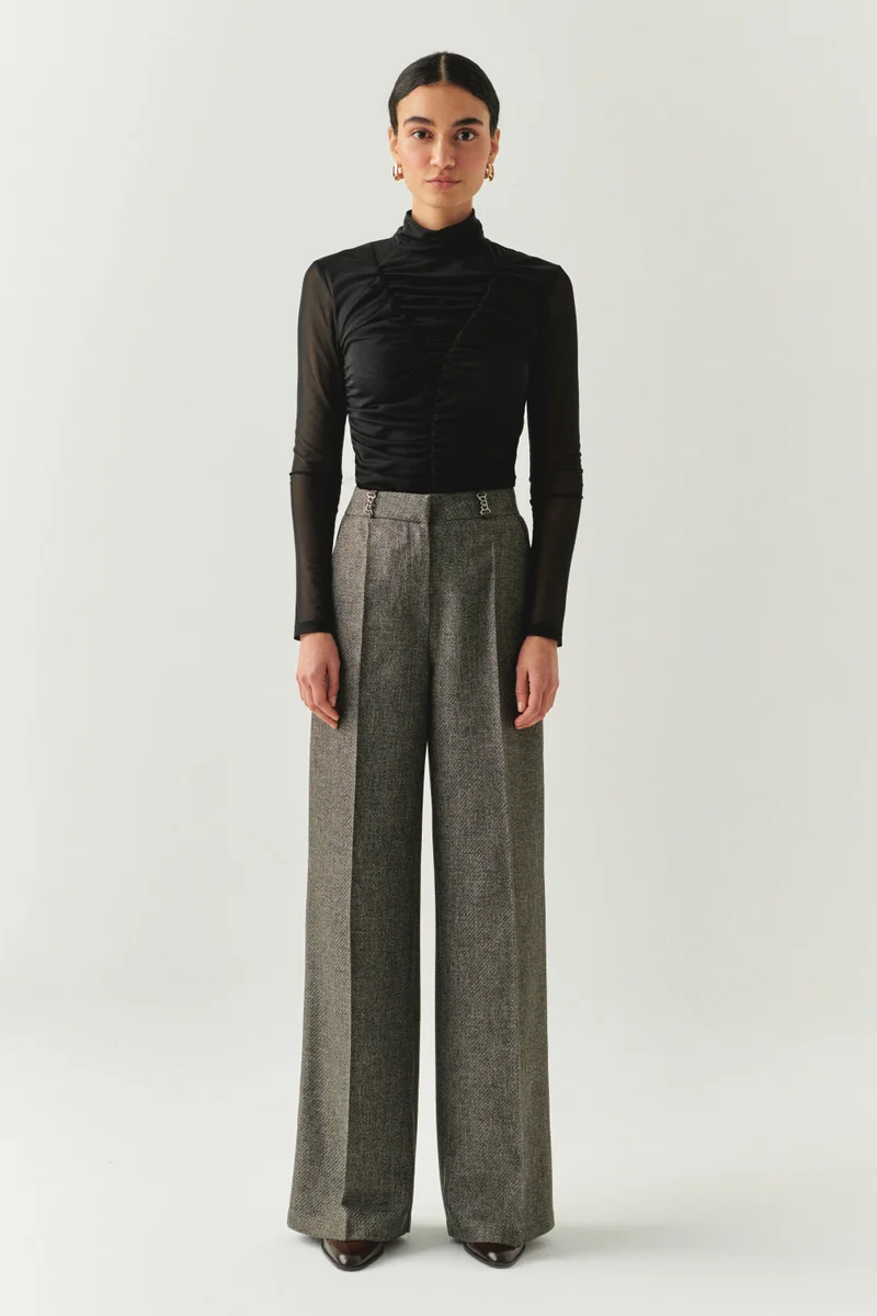 EXQUISE Herringbone Pattern High Waist Wide Leg Pocketed Regular Woven Smoke Pants