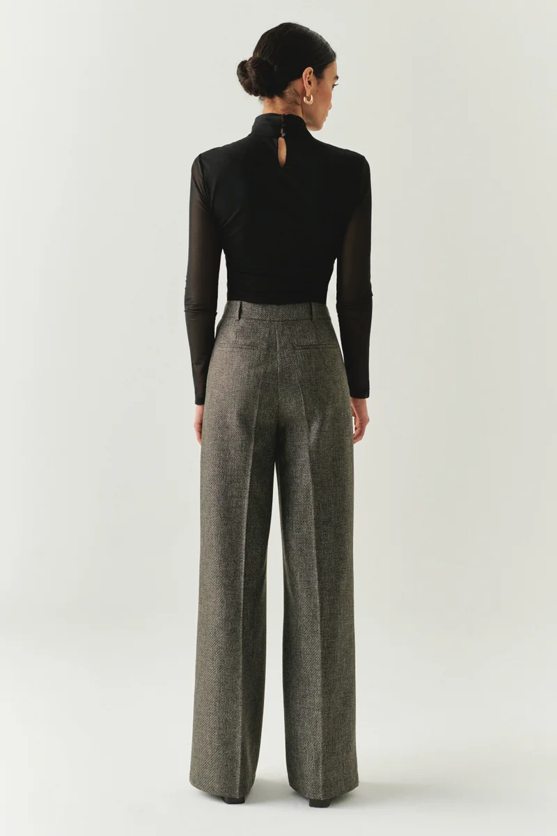 EXQUISE Herringbone Pattern High Waist Wide Leg Pocketed Regular Woven Smoke Pants