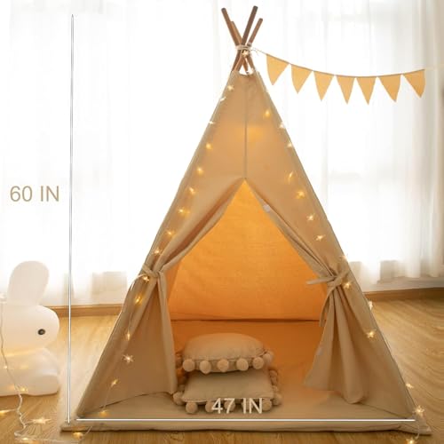 RongFa Teepee Tent for KidsPortable Children Play Tent Indoor Outdoor Apricot with Mat - Image 5