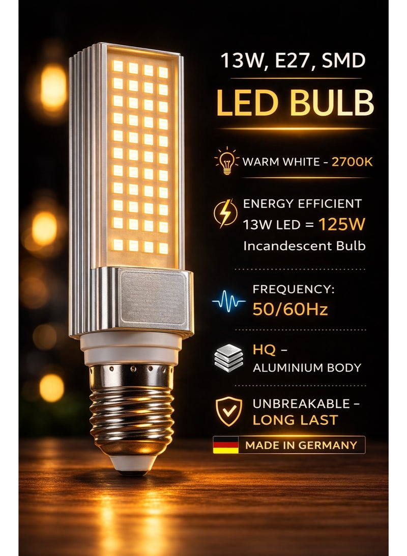 لمبة LED قدرة 13 واط قاعدة E27 لون أبيض دافئ 2700K موفرة للطاقة AC85-265V تردد 50/60Hz جسم ألمنيوم قوي غير قابلة للكسر صناعة ألمانية - Image 2
