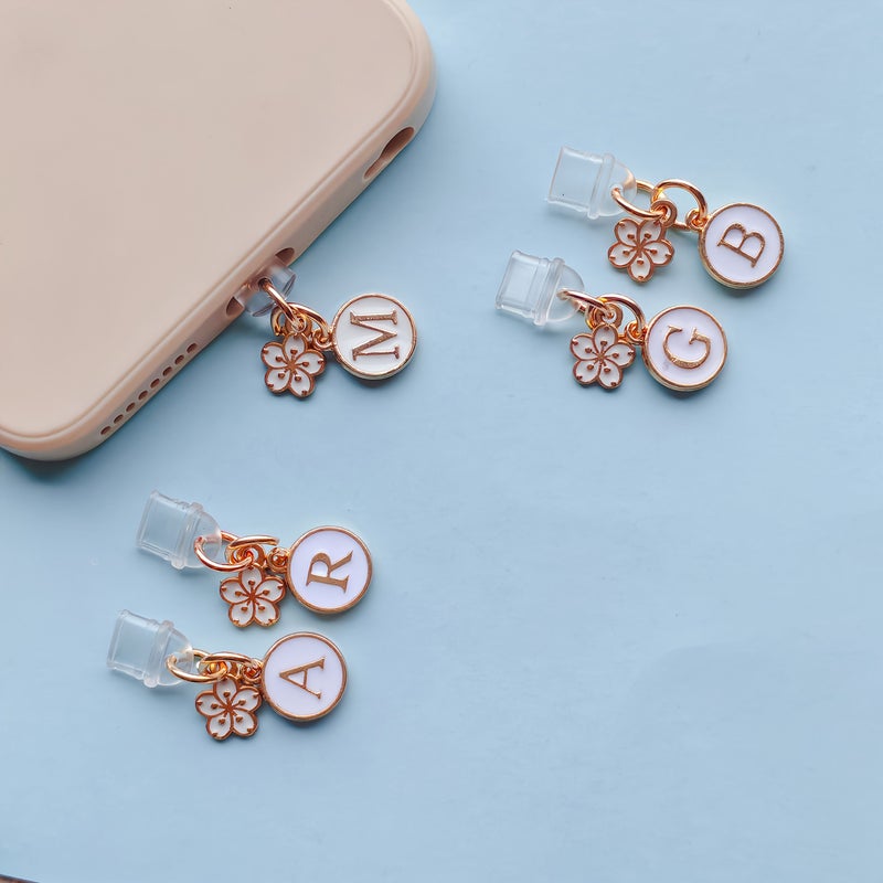 Flower Letter Phone Dust Plug Cute White Cherry Blossom A Z Initial Port Cover Compatible With Iphone Type C - Image 4
