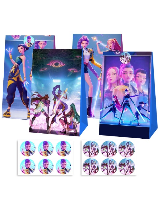 KPop Demon Hunters Party Favor Bags with Stickers – 12 HUNTR/X Candy Bags + 12 Round Stickers, 21×12cm Loot Bags for K/DA Birthday Party Supplies, Goodie Bags, KPop Demon Hunters Gift Bags for Kids Girls