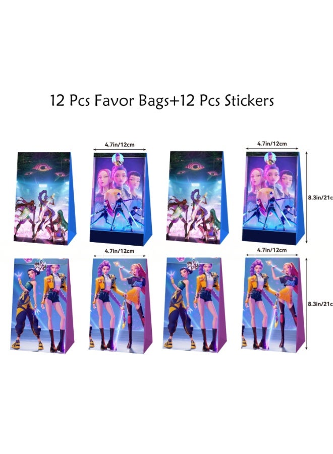 إيلوفهابرتي أكياس هدايا حفلات KPop Demon Hunters مع ملصقات – 12 كيس حلوى HUNTR/X + 12 ملصق دائري، أكياس هدايا مقاس 21×12 سم لحفلات أعياد الميلاد K/DA، أكياس هدايا، أكياس هدايا KPop Demon Hunters للأطفال والفتيات - Image 2