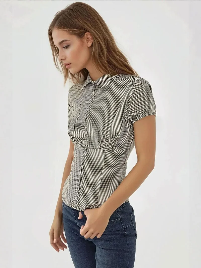 HICCUP Fitted Plaid Crew Neck Zippered Top