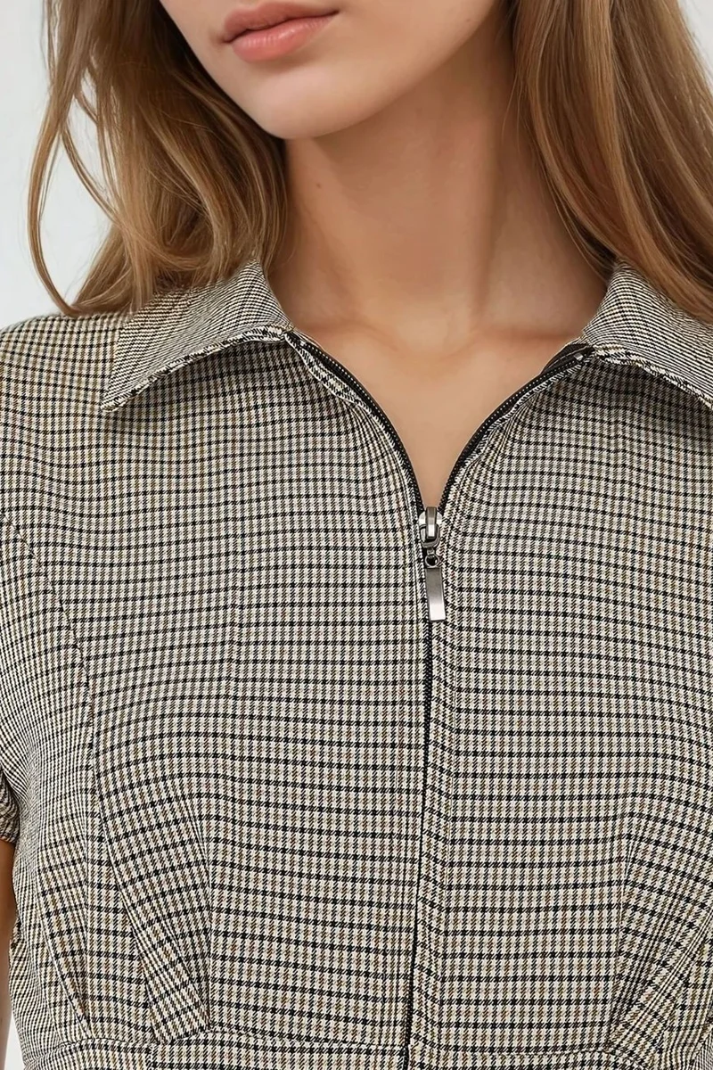 Hiccup Fitted Plaid Crew Neck Zippered Top