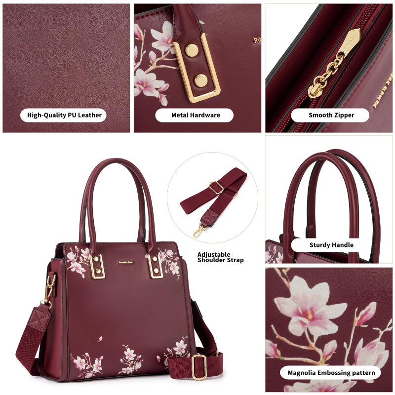Pomelo Best Red Purses and Handbags for Women PU Leather, Top Handle Satchel Floral Tote Shoulder Bag with Adjustable Strap for ladies - Image 5