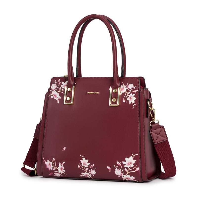 Pomelo Best Red Purses and Handbags for Women PU Leather, Top Handle Satchel Floral Tote Shoulder Bag with Adjustable Strap for ladies - Image 1
