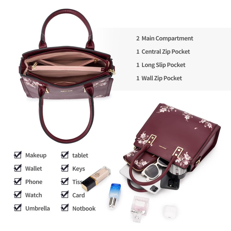 Pomelo Best Red Purses and Handbags for Women PU Leather, Top Handle Satchel Floral Tote Shoulder Bag with Adjustable Strap for ladies - Image 3
