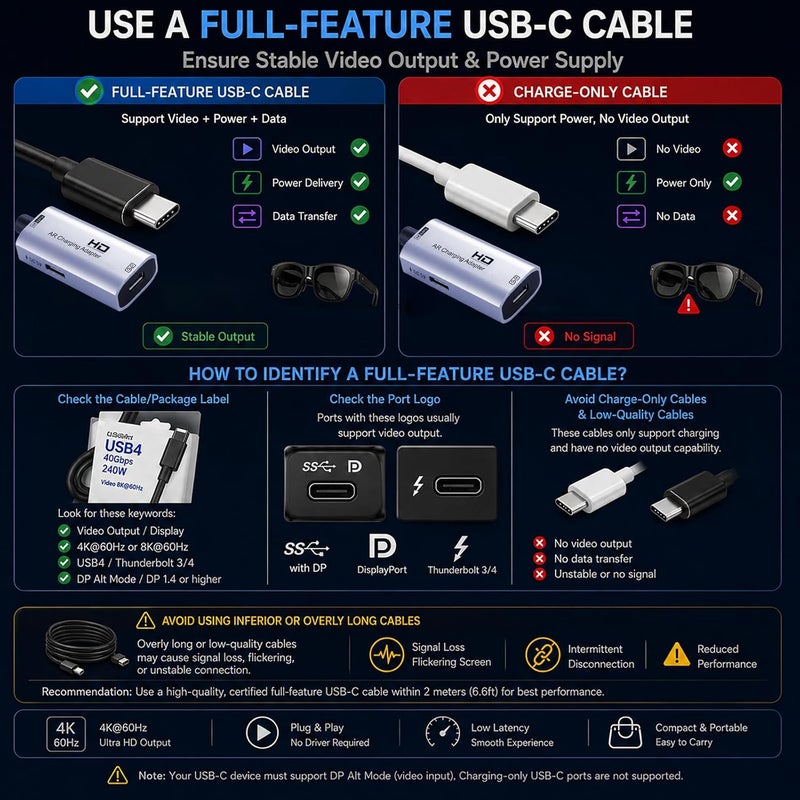 محول عرض نظارات AR من HDMI إلى USB-C، بدقة 4K@60Hz مع شحن وتشغيل AR، مزود بتيار مستمر 5V، متوافق مع XREAL One/Air 2 Pro/RayNeo/Rokid، Switch 2/1، Xbox1، PS4/5، شاشات محمولة (فضي) - Image 3