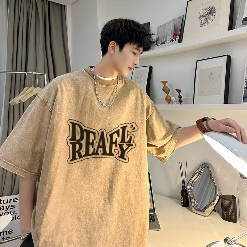 Heavy Cotton Short-sleeved T-shirt Boys Summer Washed Vintage Dressed Station Fashion Brand Half-sleeved T-shirt