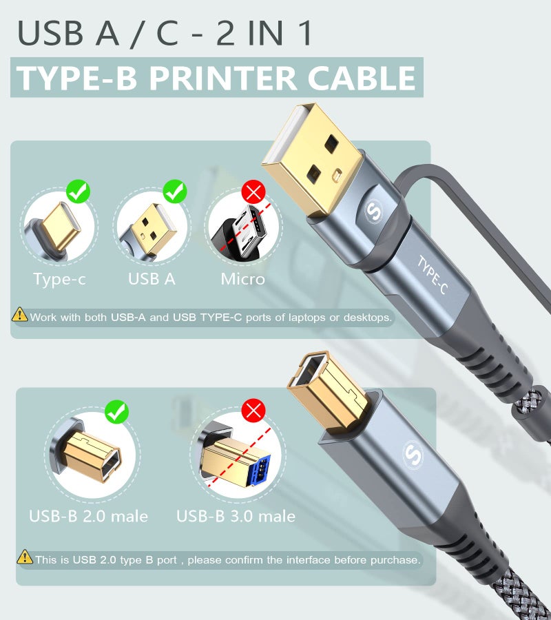 sweguard Printer Cable 2-in-1 USB-A/C to USB-B Cord 6.6FT, Type C MIDI Cable Braided High Speed Printer Cord for HP Canon Dell Epson Brother Samsung, MacBook Pro/Air,Digital Piano MIDI Controller-Grey - Image 2