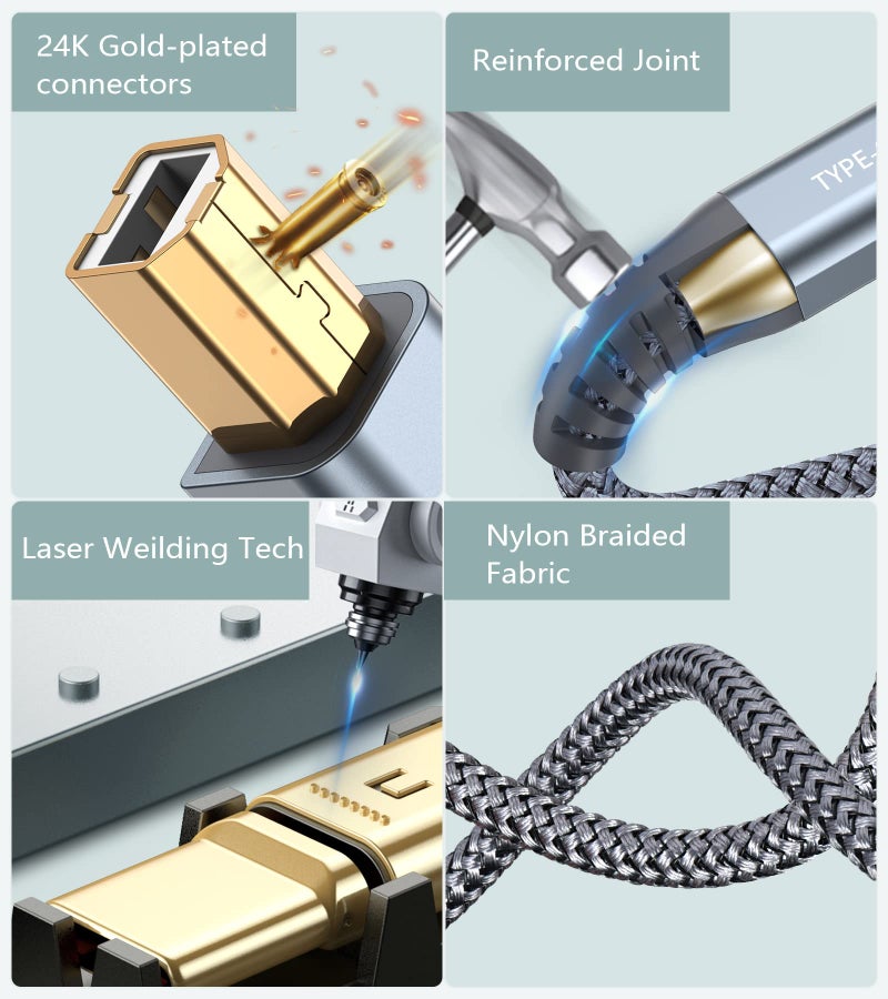 sweguard Printer Cable 2-in-1 USB-A/C to USB-B Cord 6.6FT, Type C MIDI Cable Braided High Speed Printer Cord for HP Canon Dell Epson Brother Samsung, MacBook Pro/Air,Digital Piano MIDI Controller-Grey - Image 5