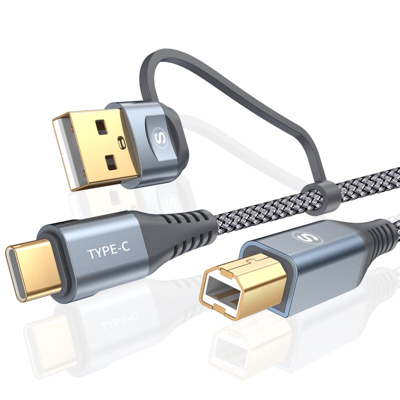 sweguard Printer Cable 2-in-1 USB-A/C to USB-B Cord 6.6FT, Type C MIDI Cable Braided High Speed Printer Cord for HP Canon Dell Epson Brother Samsung, MacBook Pro/Air,Digital Piano MIDI Controller-Grey - Image 1