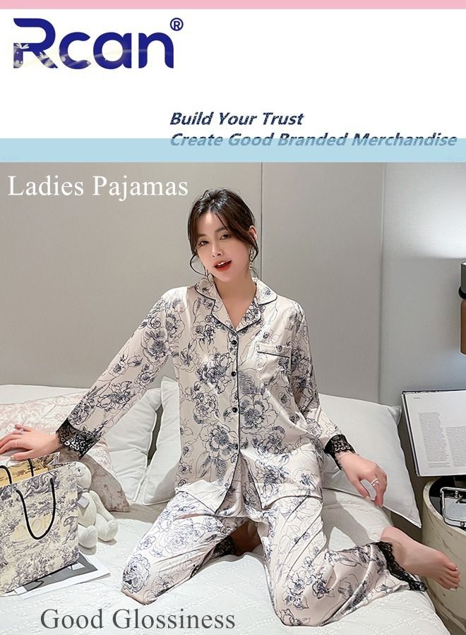 Rcan 2 Piece Set V Neck Ice Silk Satin Pajamas Printed Long Sleeve Cardigan Buttoned Sleepwear With Pockets Soft Breathable Wearable Casual Nightgown Pants Set for Women - Image 1