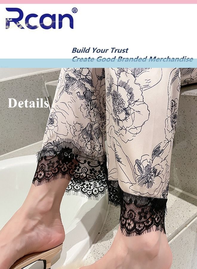 Rcan 2 Piece Set V Neck Ice Silk Satin Pajamas Printed Long Sleeve Cardigan Buttoned Sleepwear With Pockets Soft Breathable Wearable Casual Nightgown Pants Set for Women - Image 4