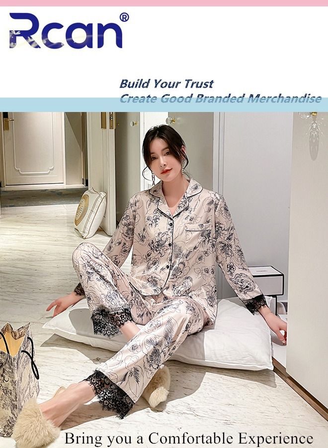 Rcan 2 Piece Set V Neck Ice Silk Satin Pajamas Printed Long Sleeve Cardigan Buttoned Sleepwear With Pockets Soft Breathable Wearable Casual Nightgown Pants Set for Women - Image 2