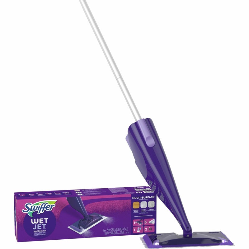 Swiffer Wet Jet Mop, Floor Cleaner for Mopping Wood, Laminate, Tile in Home, Bathroom, Kitchen, All Purpose Multi-Surface Cleaning Set includes 1 Spray Mop, 5 Pads Refill, 1 Fresh Scent Solution - Image 1