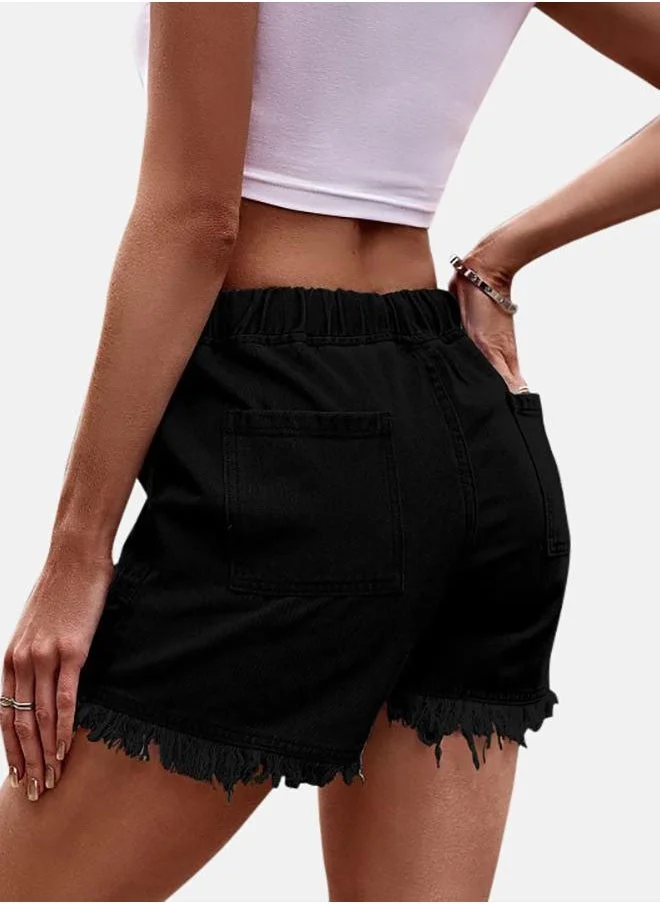 YUNIQEE Black Solid Denim Shorts