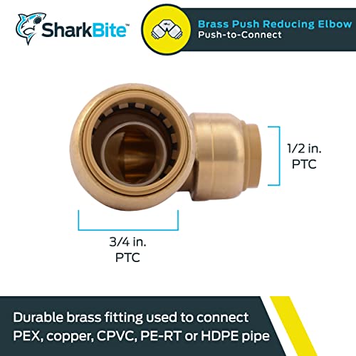 SharkBite 3/4 Inch x 1/2 Inch 90 Degree Reducing Elbow, Push to Connect Brass Plumbing Fitting, PEX Pipe, Copper, CPVC, PE-RT, HDPE, U274LFA - Image 2