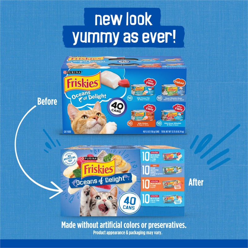 Friskies Purina Friskies Wet Cat Food Variety Pack, Oceans of Delight Flaked and Prime Filets - (Pack of 40) 5.5 oz. Cans - Image 2