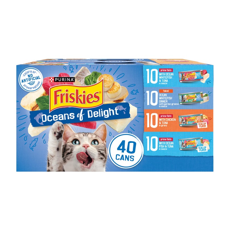 Friskies Purina Friskies Wet Cat Food Variety Pack, Oceans of Delight Flaked and Prime Filets - (Pack of 40) 5.5 oz. Cans - Image 1