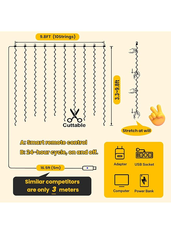 erorex 300Led Fairy Curtain Lights Usb Plug In 8 Modes Fairy String Hanging Lights With Remote Controller For Bedroom Indoor Outdoor Weddings Party Decorations（9.8X9.8Ft Warm White） - Image 5