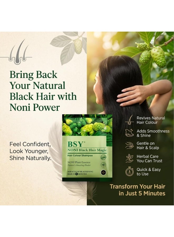 BSY Noni Black Hair Magic 3 IN 1 Natural 5-Min Hair Colour Shampoo Black | Ammonia Free Long Lasting Hair Color_Noni Fruit Extract No Hair Loss Grey Coverage Hair Dye for Women & Men (12ml-5 Sachet) - Image 5