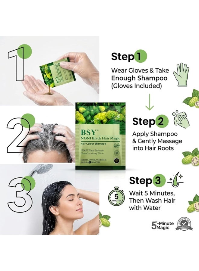 BSY Noni Black Hair Magic 3 IN 1 Natural 5-Min Hair Colour Shampoo Black | Ammonia Free Long Lasting Hair Color_Noni Fruit Extract No Hair Loss Grey Coverage Hair Dye for Women & Men (12ml-5 Sachet) - Image 3