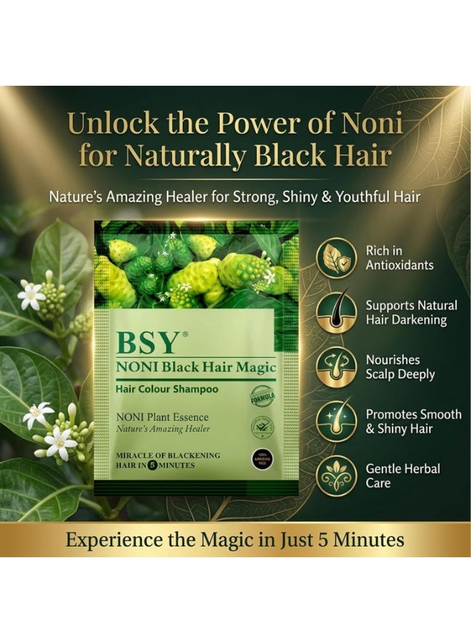 BSY Noni Black Hair Magic 3 IN 1 Natural 5-Min Hair Colour Shampoo Black | Ammonia Free Long Lasting Hair Color_Noni Fruit Extract No Hair Loss Grey Coverage Hair Dye for Women & Men (12ml-5 Sachet) - Image 4