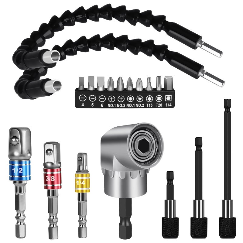 Flexible Drill Bit Extension Set 19pcs Hex Shank 105Right Angle Drill Attachmen 3pcs 14 38 12 Universal Socket Adapter Set 3pcs Drill Bit Holder Extension and Screwdriver Bit Kit