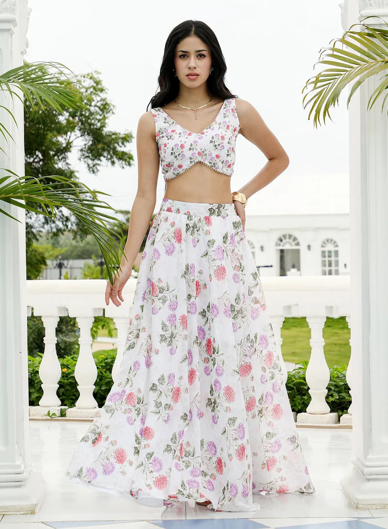 QISSA Women's Bloom-Imprint Lehenga Co-Ord Set For Ethnic Wear | V-Scoop Neck, Sleeveless | Floral Print Woven Fabric | 3 Piece Co-Ords Designed For Evening & Party Wear