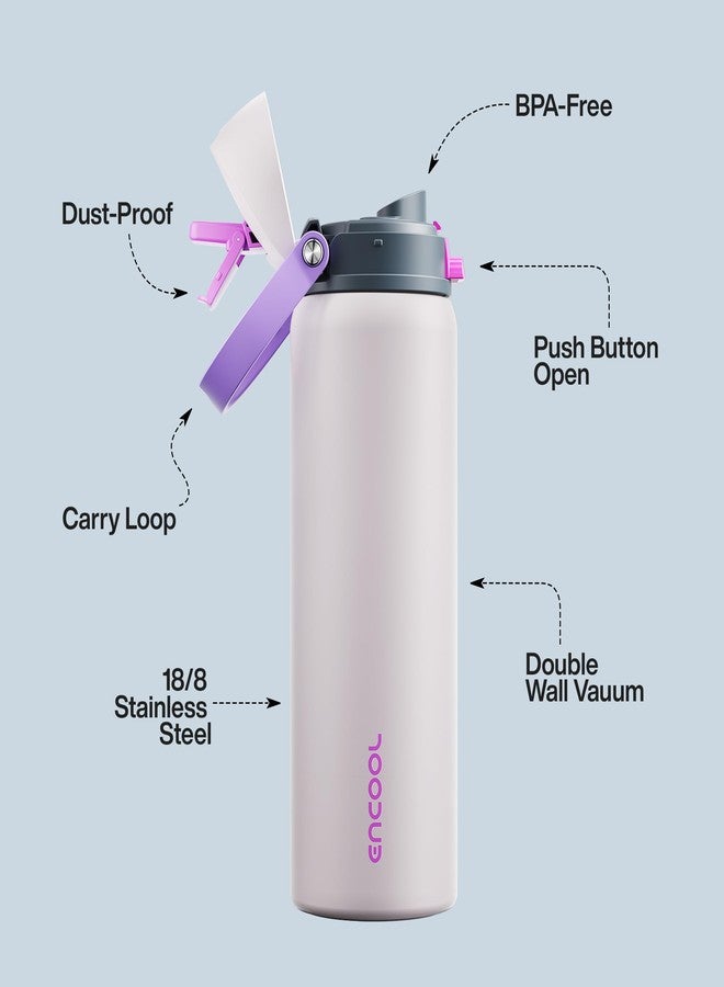 ENCOOL Insulated Water Bottle with Straw - Encool Stainless Steel Water Bottle with Push Button Lid, Leak-Proof & BPA-Free, Keeps Cold for 24 Hours for Sports, Travel, Gym (32 oz, Oyster Pink) - Image 4