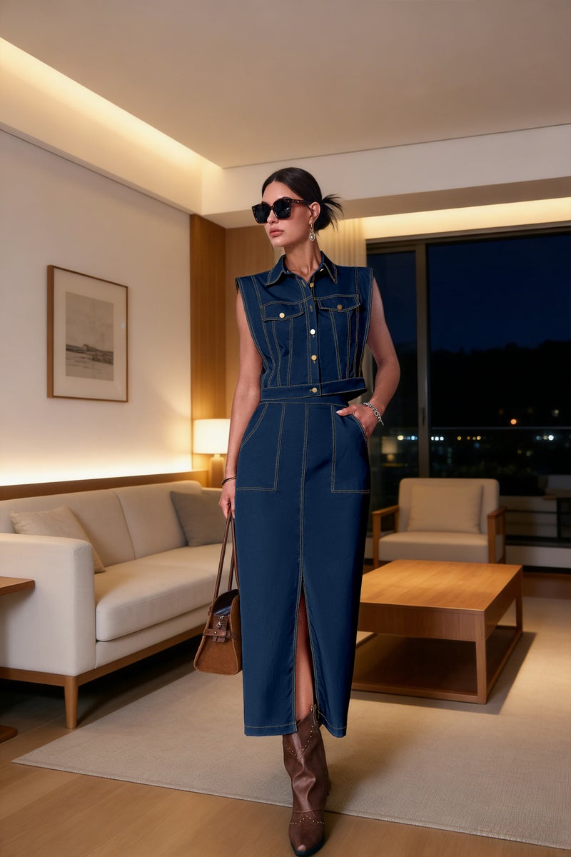 SIMPLEE Lapel Sleeveless Front Split Maxi Dress, Waist Tailored Cut, Cargo Style Sleeveless Long Dress - Image 4