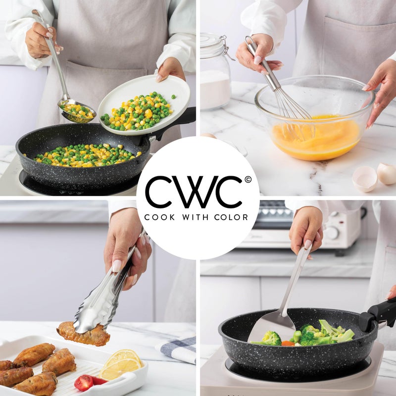 COOK WITH COLOR Kitchen Utensil Set - 10-piece premium Nonstick & Heat Resistant Kitchen Gadgets, Turner, Spaghetti Server, Serving Spoons, Whisk, Tongs, Masher & Utensil Holder, Stainless Steel - Image 4