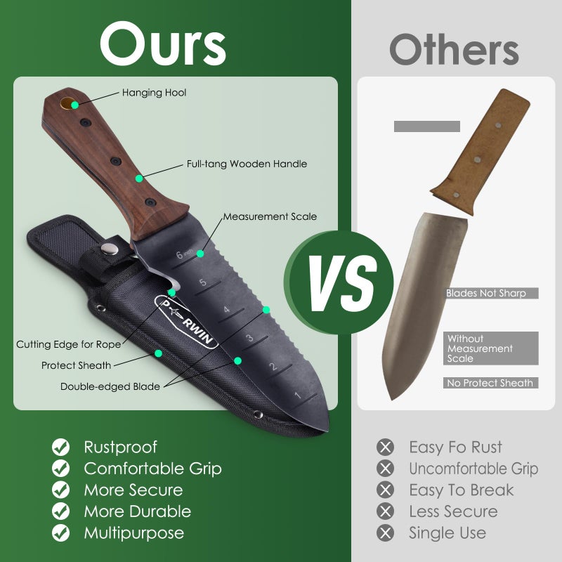 PERWIN Hori Hori Garden Knife, Garden Tools with Sheath for Weeding, Planting, Digging, 7" Stainless Steel Blade with Cutting Edge, Full-Tang Wood Handle with Hanging Hole - Image 4