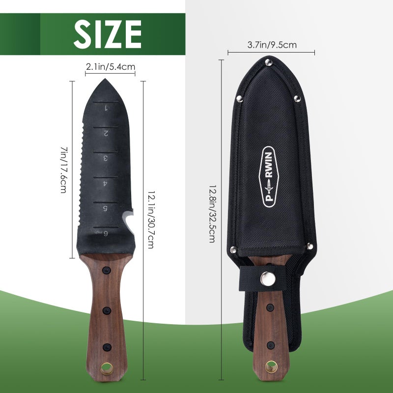 PERWIN Hori Hori Garden Knife, Garden Tools with Sheath for Weeding, Planting, Digging, 7" Stainless Steel Blade with Cutting Edge, Full-Tang Wood Handle with Hanging Hole - Image 5