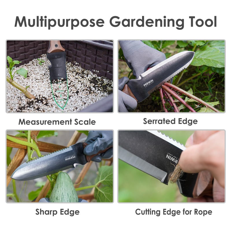 PERWIN Hori Hori Garden Knife, Garden Tools with Sheath for Weeding, Planting, Digging, 7" Stainless Steel Blade with Cutting Edge, Full-Tang Wood Handle with Hanging Hole - Image 2