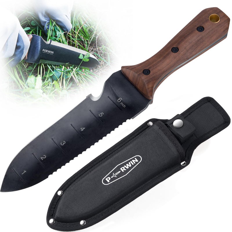PERWIN Hori Hori Garden Knife, Garden Tools with Sheath for Weeding, Planting, Digging, 7" Stainless Steel Blade with Cutting Edge, Full-Tang Wood Handle with Hanging Hole - Image 1