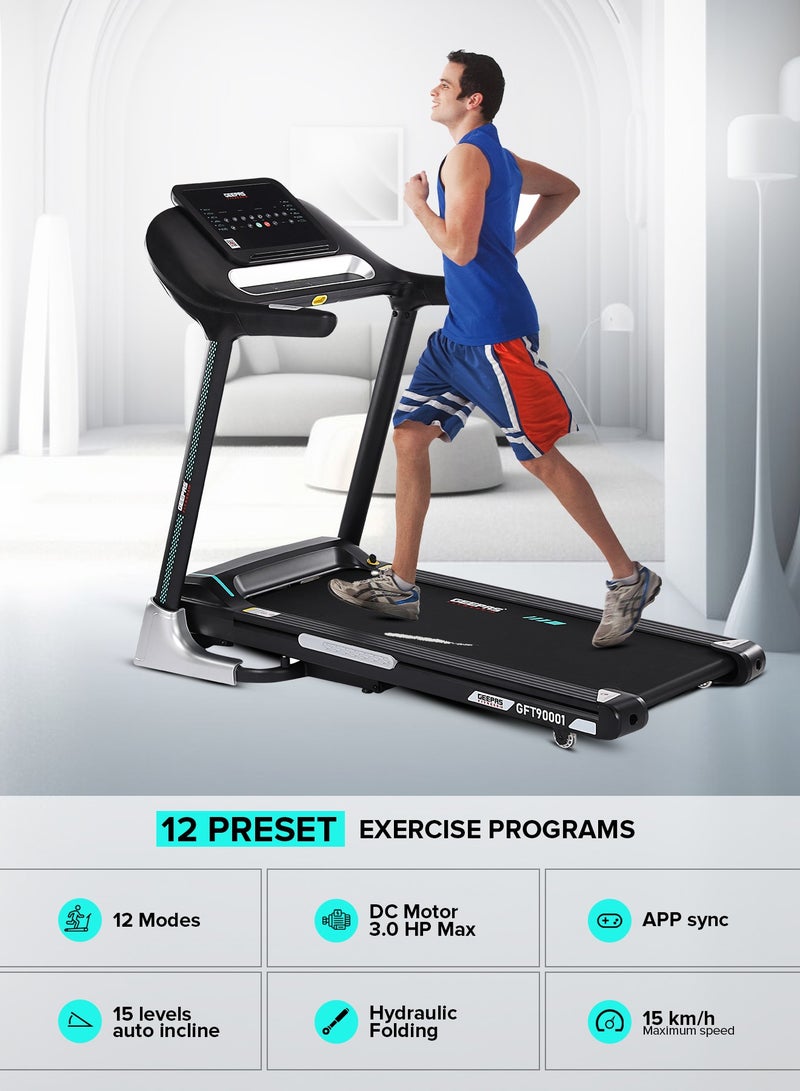 Foldable Hydraulic Treadmill with 12 Modes| 15 Levels Auto Incline, App Sync Function, Easily Connects to Zwift, Kinomap, SpaxApp| Bluetooth Speaker, LED Display, Emergency Safety Key| Perfect for Home Workouts, Gym Training, Weight Loss| GFT90001