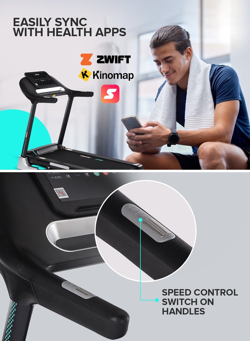 Foldable Hydraulic Treadmill with 12 Modes| 15 Levels Auto Incline, App Sync Function, Easily Connects to Zwift, Kinomap, SpaxApp| Bluetooth Speaker, LED Display, Emergency Safety Key| Perfect for Home Workouts, Gym Training, Weight Loss| GFT90001