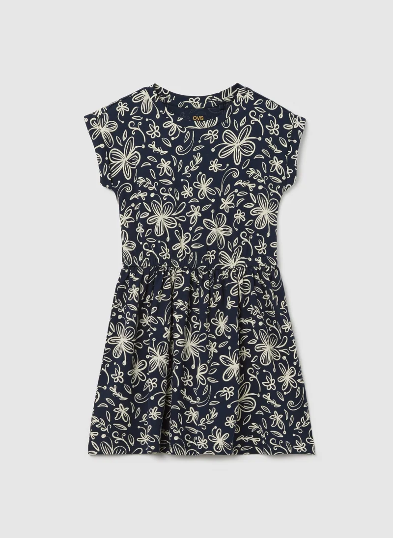او في اس Sleeveless Blue Dress With Floral Patterns