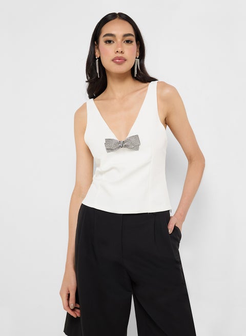 V Neck Diamante Bow Detail Top