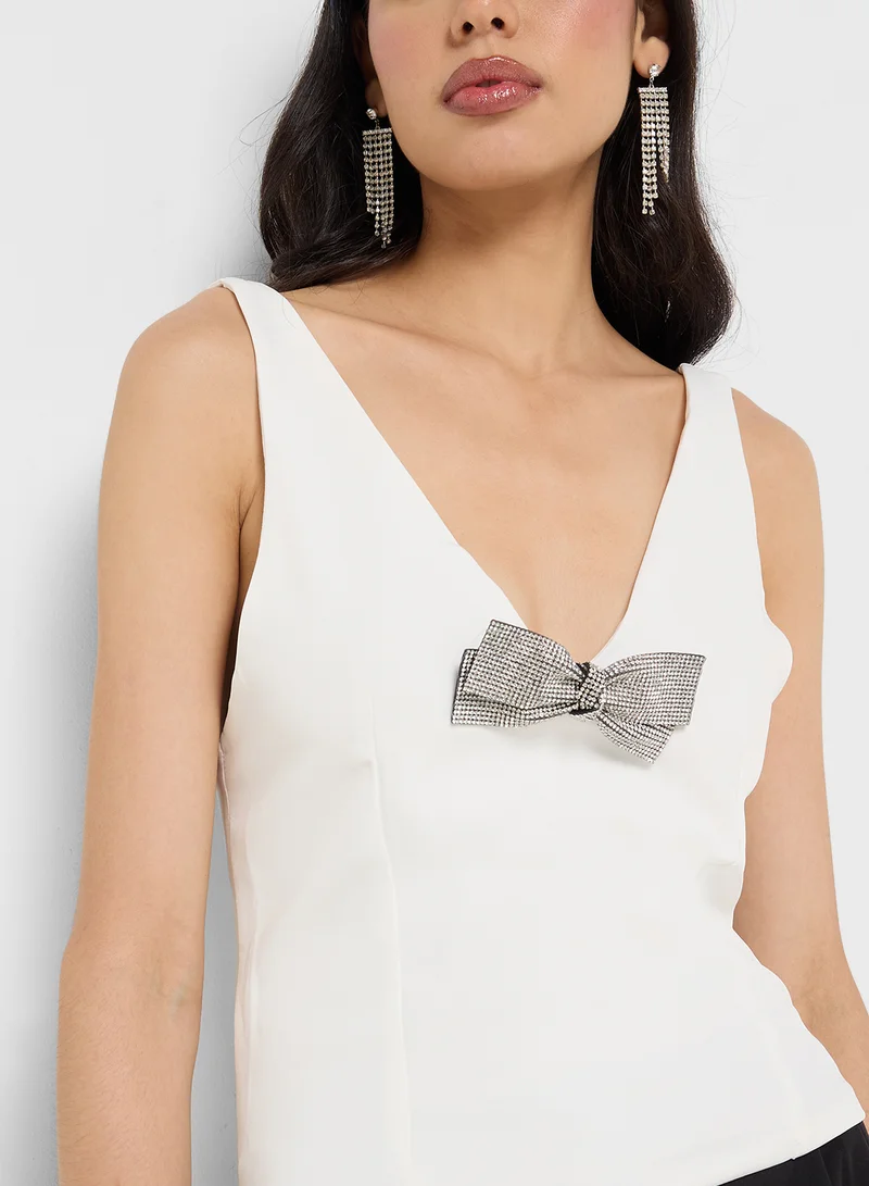 Ginger V Neck Diamante Bow Detail Top