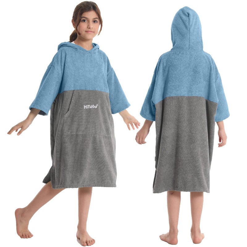 Hiturbo Hiturbo Kids Changing Towel Robe Absorbent Quick Dry Surf Poncho 34 Sleeve Microfiber Bath Towels for Beach Pool BlueGray 