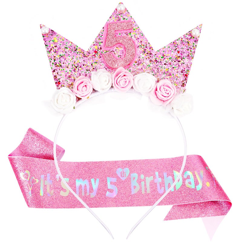 Vovii 5Th Birthday Decorations For Girls  Birthday Girl Headband & Glitter Sash Set For 5 Year Old Girl Birthday Decorations  Birthday Flower Princess Crown Headband For Happy 5Th Birthday Girl Outfit - Image 1