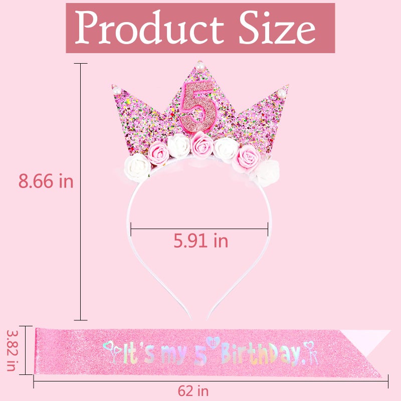 Vovii 5Th Birthday Decorations For Girls  Birthday Girl Headband & Glitter Sash Set For 5 Year Old Girl Birthday Decorations  Birthday Flower Princess Crown Headband For Happy 5Th Birthday Girl Outfit - Image 3