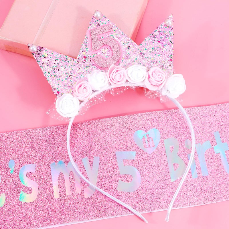 Vovii 5Th Birthday Decorations For Girls  Birthday Girl Headband & Glitter Sash Set For 5 Year Old Girl Birthday Decorations  Birthday Flower Princess Crown Headband For Happy 5Th Birthday Girl Outfit - Image 2