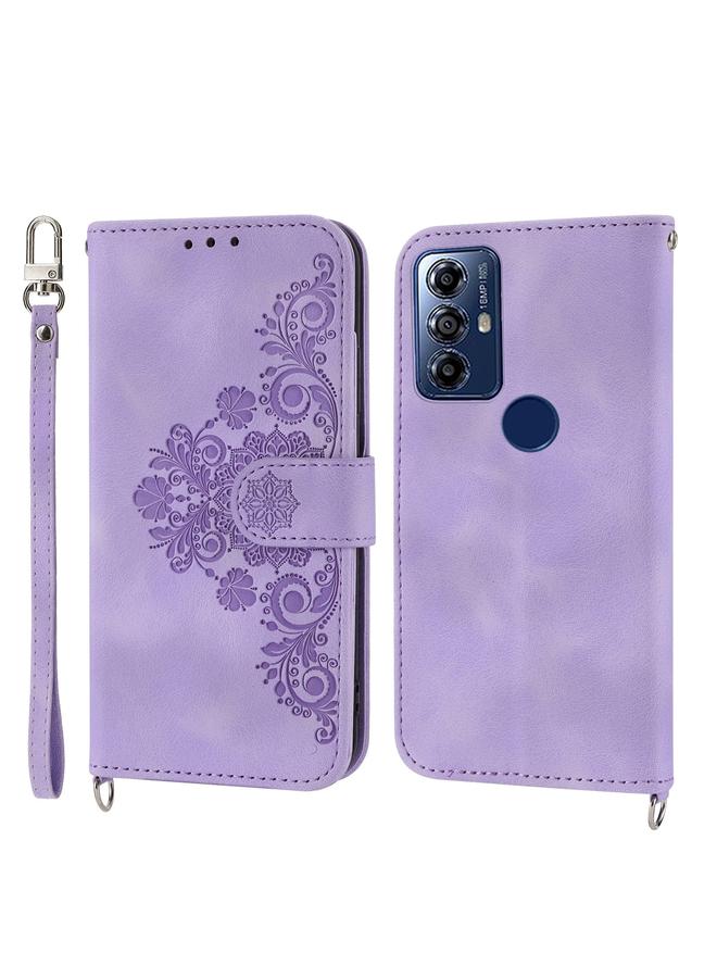 S-TOP Case For Motorola Moto G Play 2023 Skin-feel Flowers Embossed Wallet Leather Phone Case - Image 1